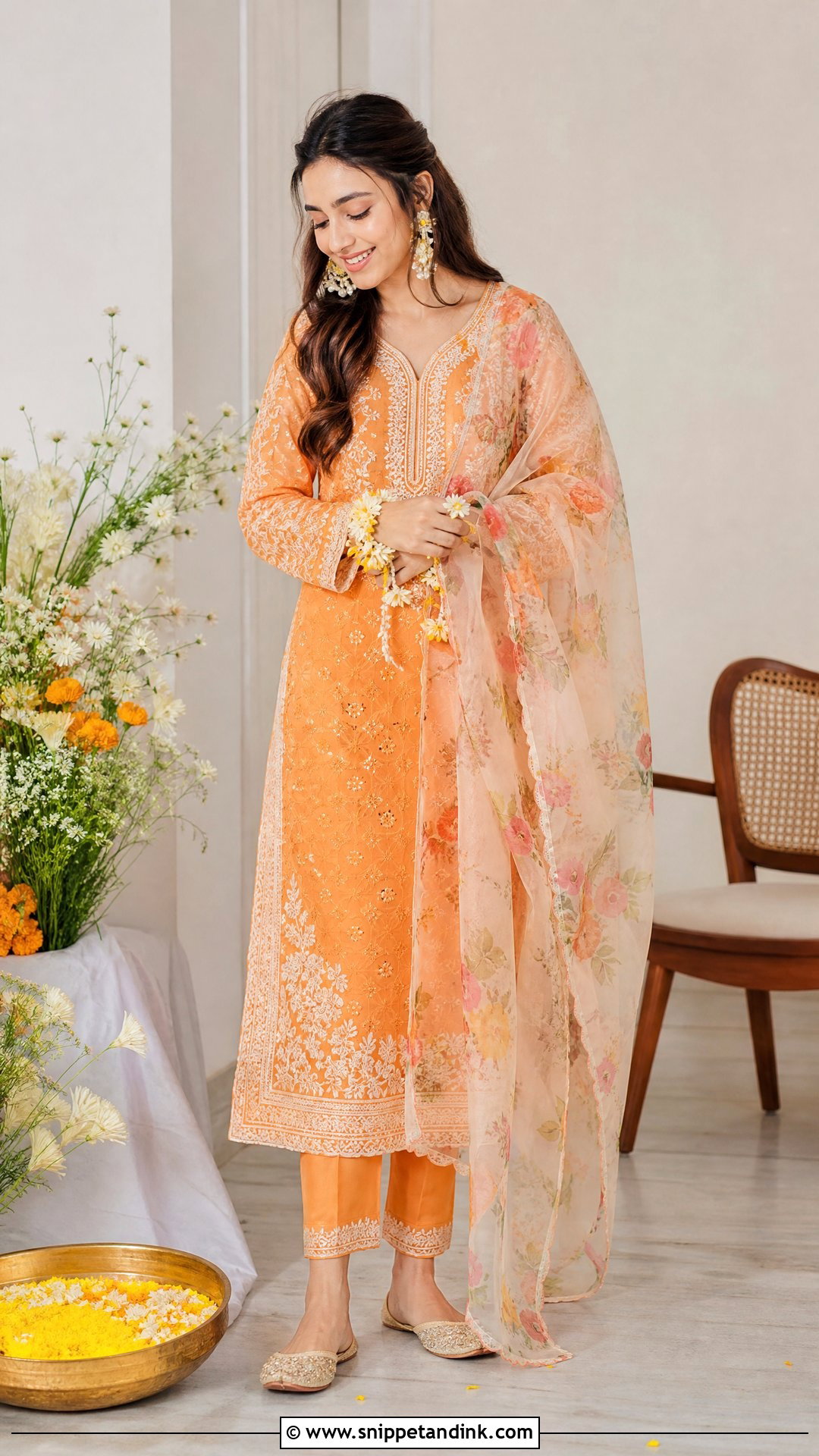 Orange Chikankari Suit With Straight Pants - Snippet and Ink - 20 Orange Haldi Outfit for Bride Ideas