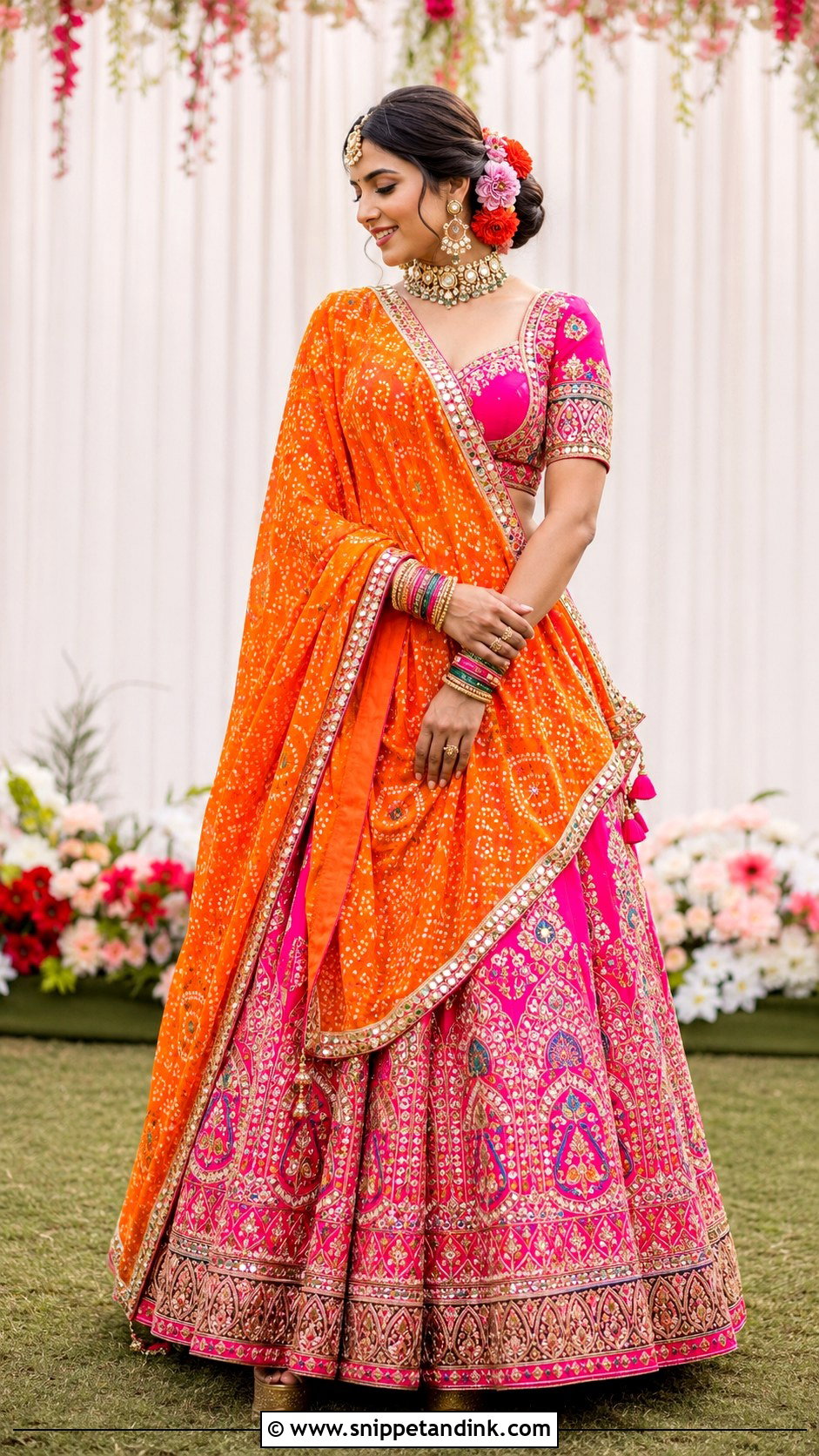Orange Chundadi With Rani Pink Lehenga - Snippet and Ink - 20 Chundadi Design for Marriage Ideas