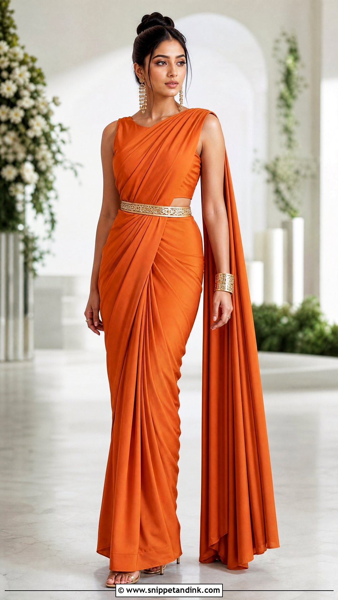 Orange Draped Saree Bridal Dress With Gold Sandals - Snippet and Ink - 20 Orange Bridal Dress Ideas