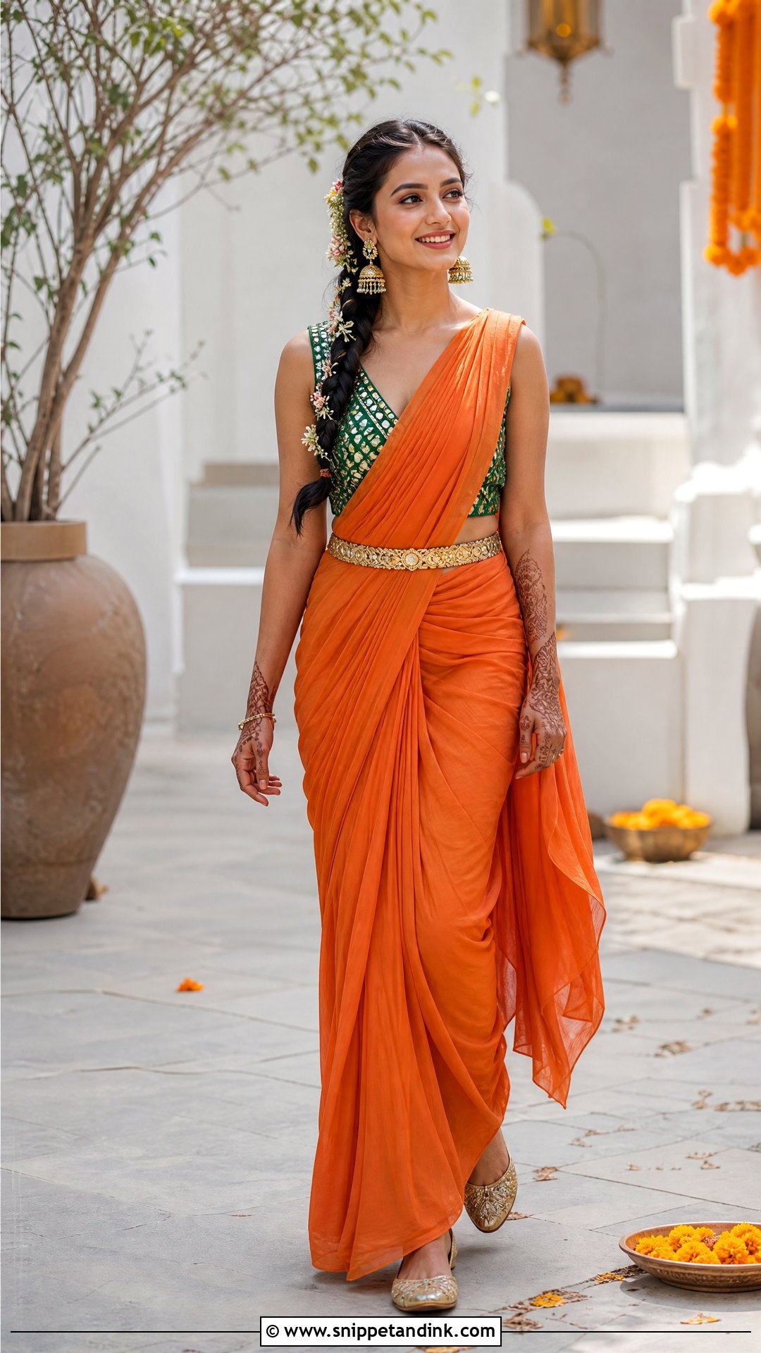 Orange Draped Saree Mehndi Outfit - Snippet and Ink - 25 Mehndi Function Dress Outfit for Bride Ideas