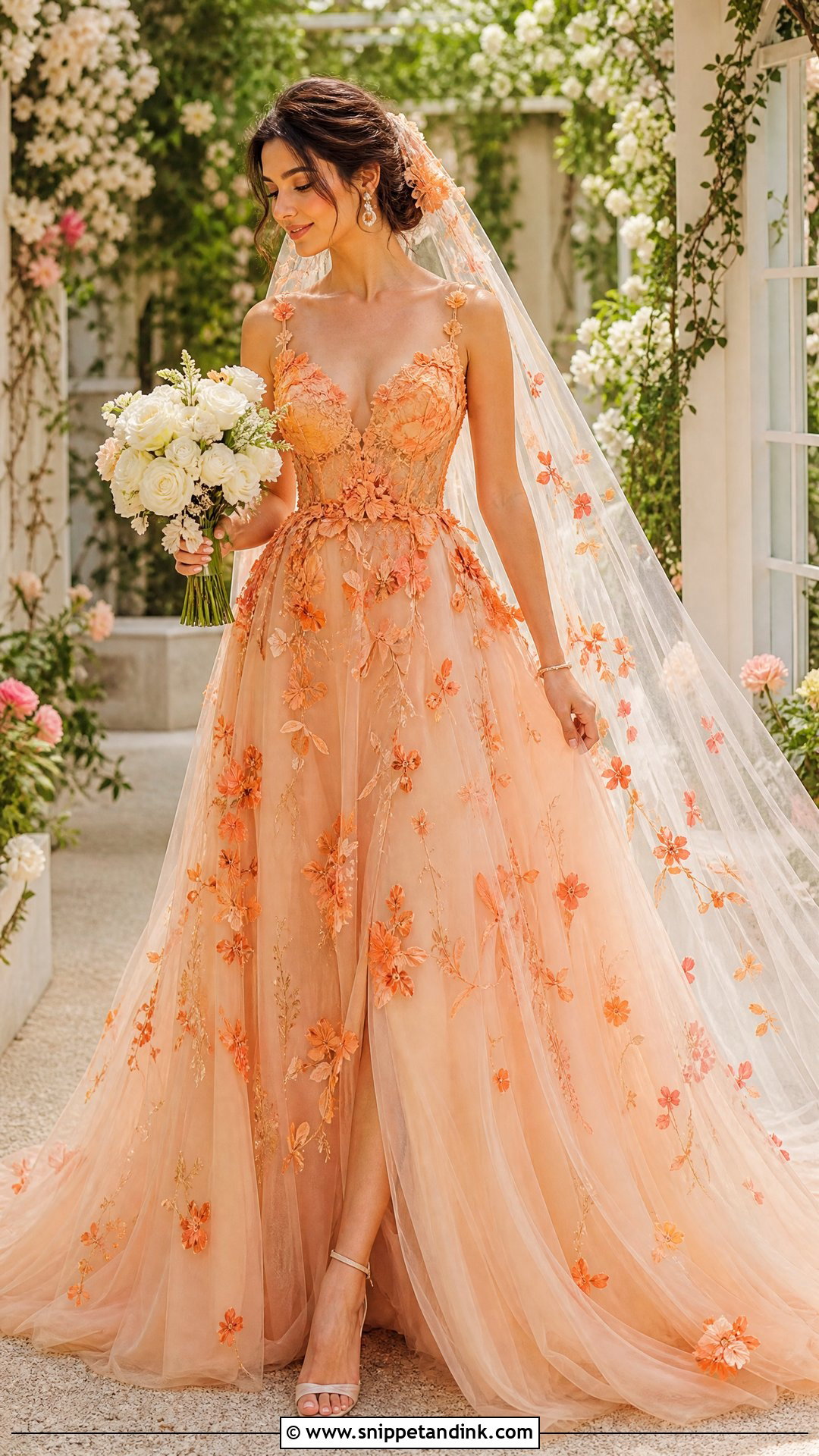 Orange Floral Applique Wedding Dress - Snippet and Ink - 20 Orange Wedding Dresses