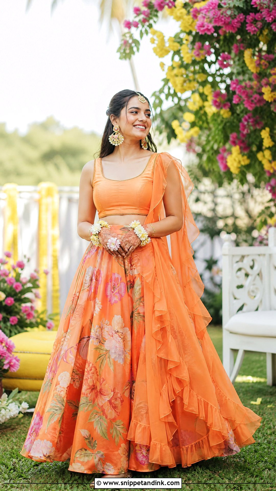 Orange Floral Print Lehenga With Ruffle Dupatta - Snippet and Ink - 20 Orange Haldi Outfit for Bride Ideas