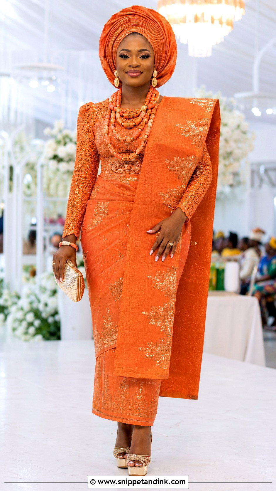 Orange George Isoko Bridal Outfit - Snippet and Ink - 20 Isoko Traditional Wedding Attire Ideas