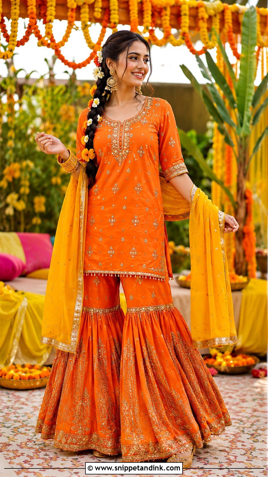 Orange Gharara Set for Haldi Mehendi - Snippet and Ink - 20 Haldi Mehendi Outfit for Bride Ideas