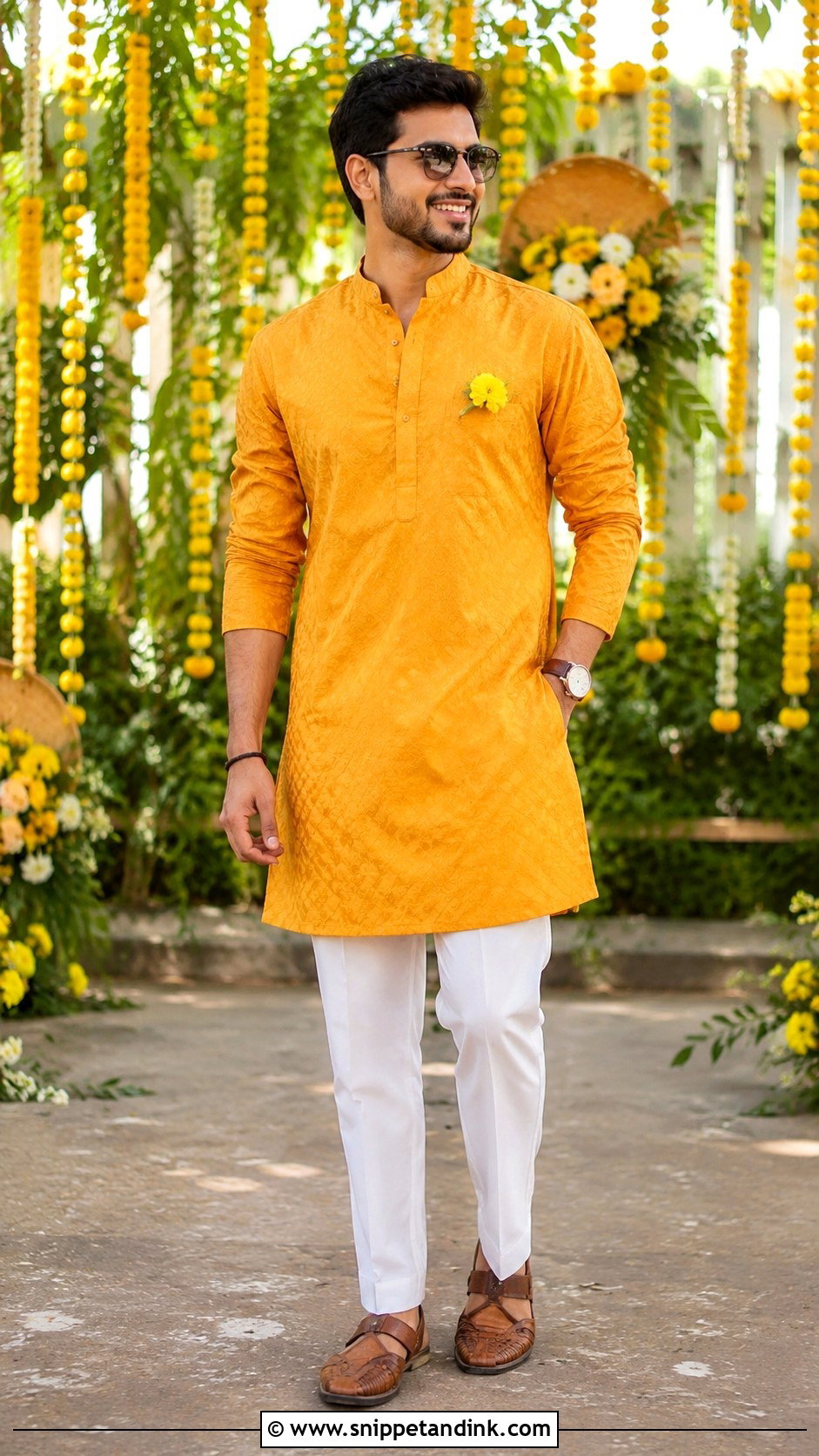 Orange Haldi Kurta With White Pants - Snippet and Ink - 20 Haldi Outfit for Bride Brother Ideas