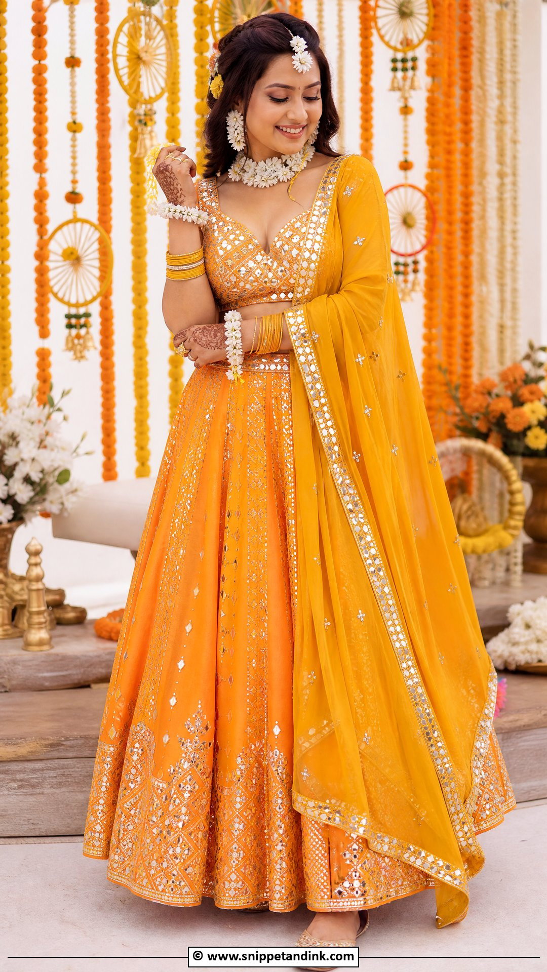 Orange Haldi Lehenga For Bride - Snippet and Ink - 35 Haldi Dress for Bride Ideas