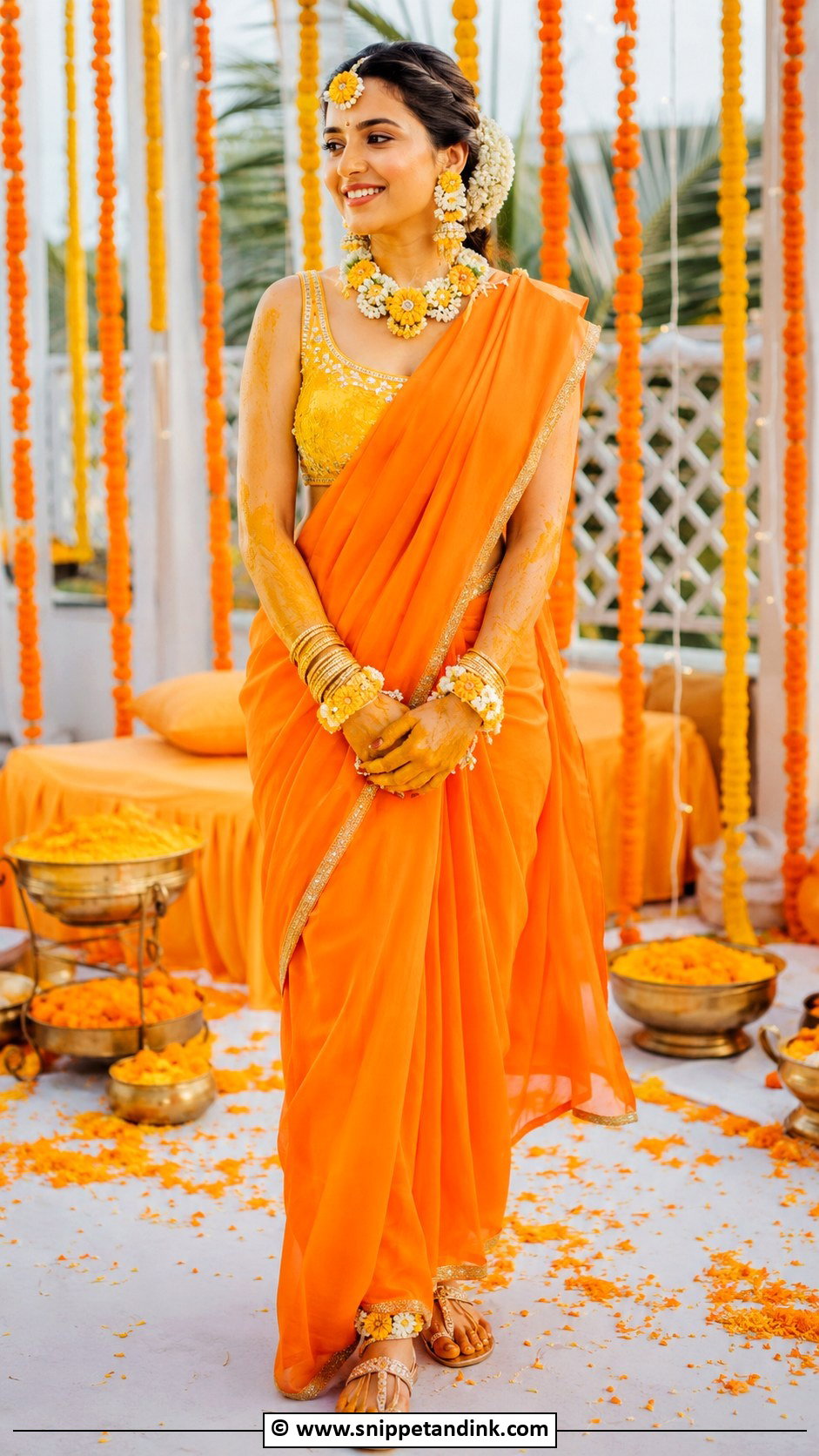 Orange Haldi Outfit - Snippet and Ink - 30 Unique Haldi Ceremony Outfit for Bride Ideas
