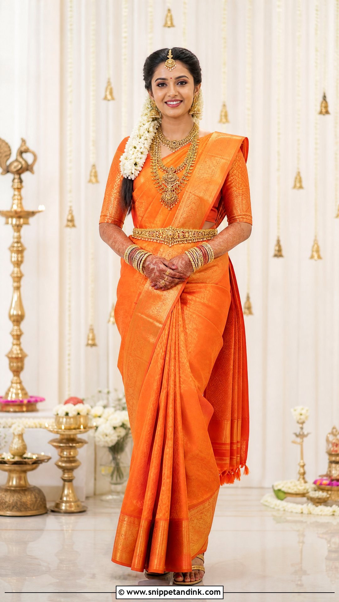Orange Kanjeevaram Bridal Saree With Temple Jewelry - Snippet and Ink - 20 Orange Bridal Dress Ideas