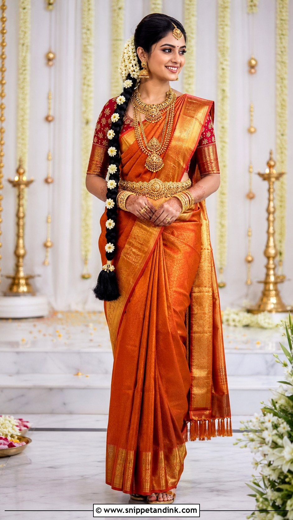 Orange Kanjeevaram Bridal Saree - Snippet and Ink - 20 90s Indian Bride Ideas
