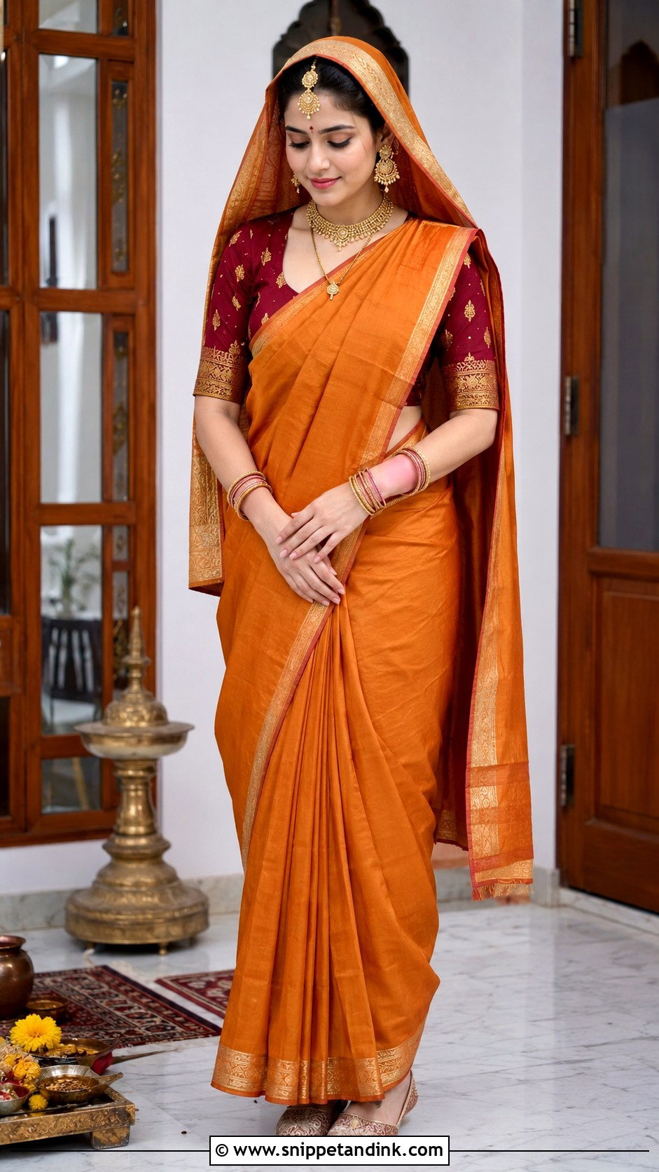 Orange Kashmiri Pandit Devgon Saree - Snippet and Ink - 20 Kashmiri Pandit Bride Ideas