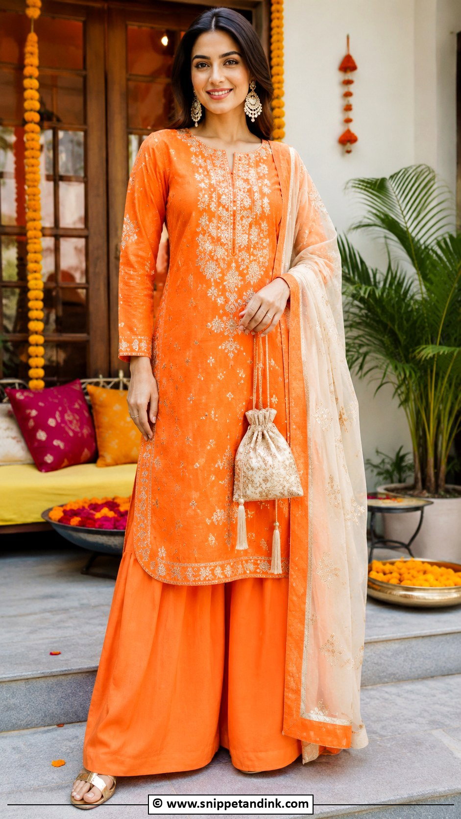 Orange Kurta And Palazzo Dholki Outfit - Snippet and Ink - 30 Dholki Outfit Ideas