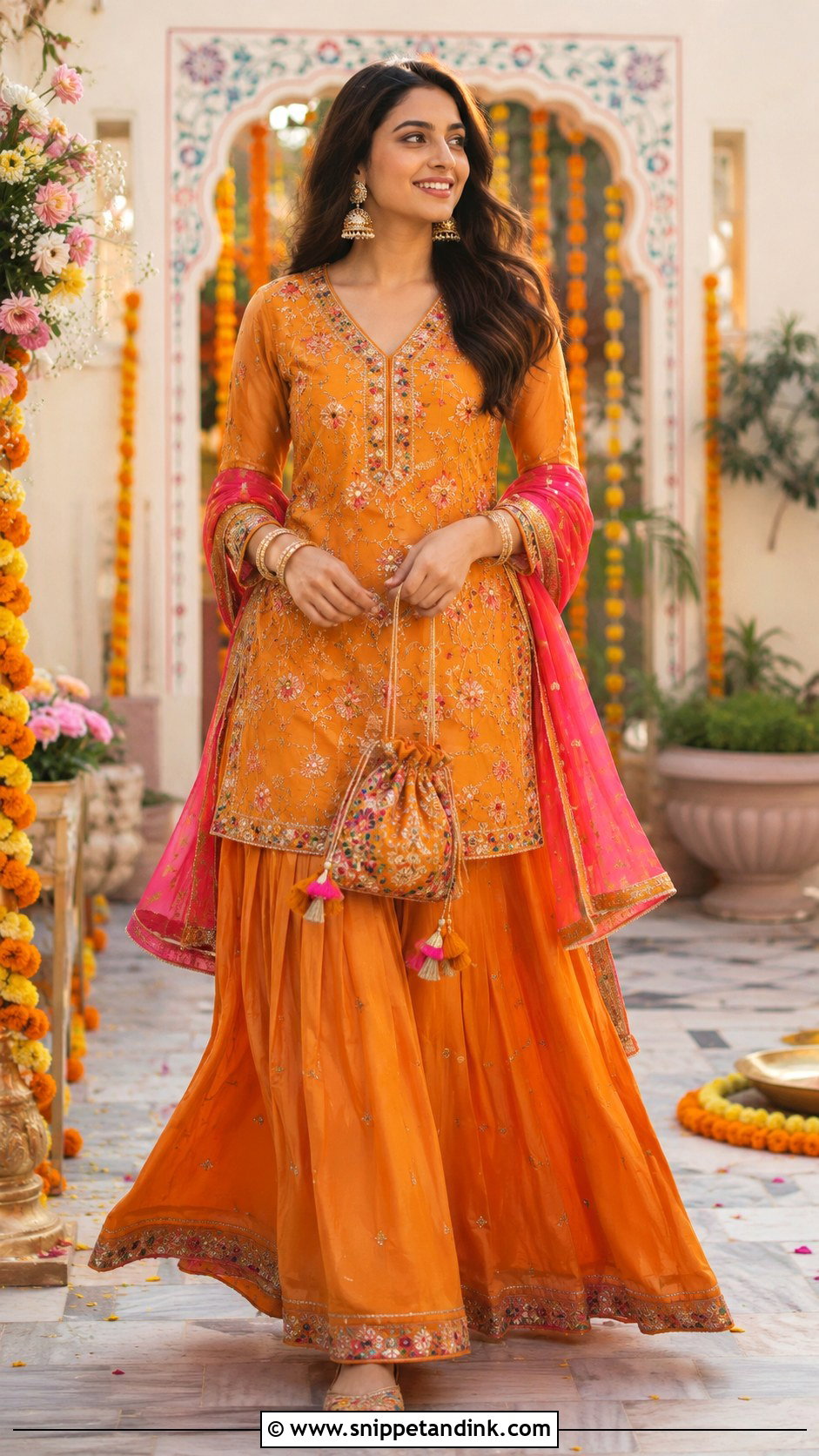 Orange Kurta And Skirt Jal Ceremony Outfit - Snippet and Ink - 20 Jal Ceremony Outfit Ideas