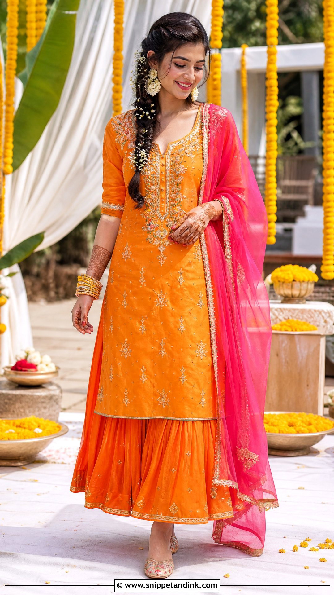 Orange Kurta And Skirt With Contrast Dupatta - Snippet and Ink - 20 Orange Haldi Outfit for Bride Ideas