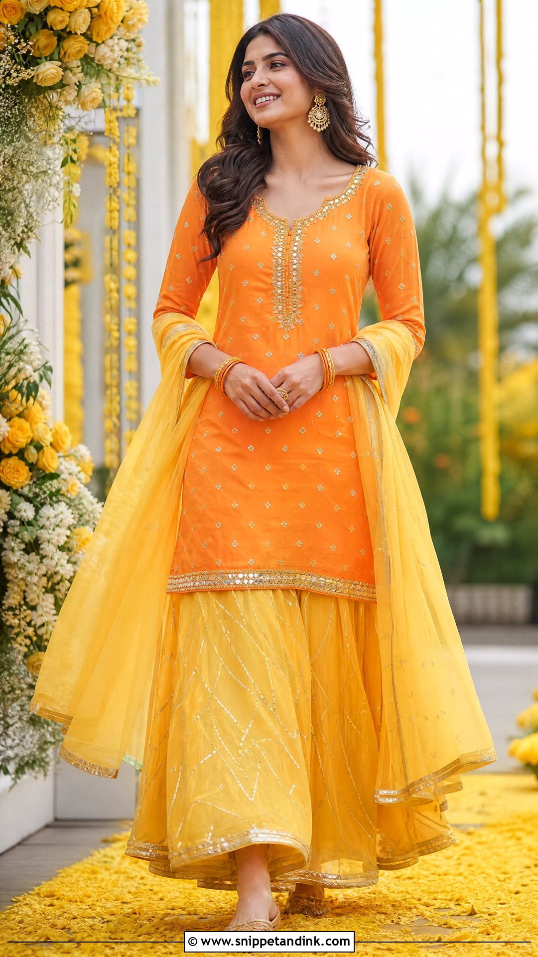 Orange Kurta And Yellow Skirt Haldi Dress - Snippet and Ink - 20 Simple Haldi Dress Ideas for Sisters