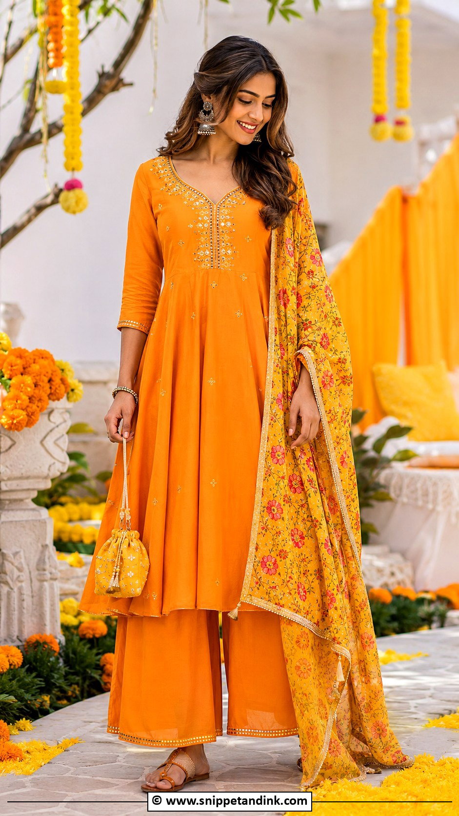 Orange Kurta Palazzo Haldi Outfit - Snippet and Ink - 30 Haldi Theme Ideas Outfit