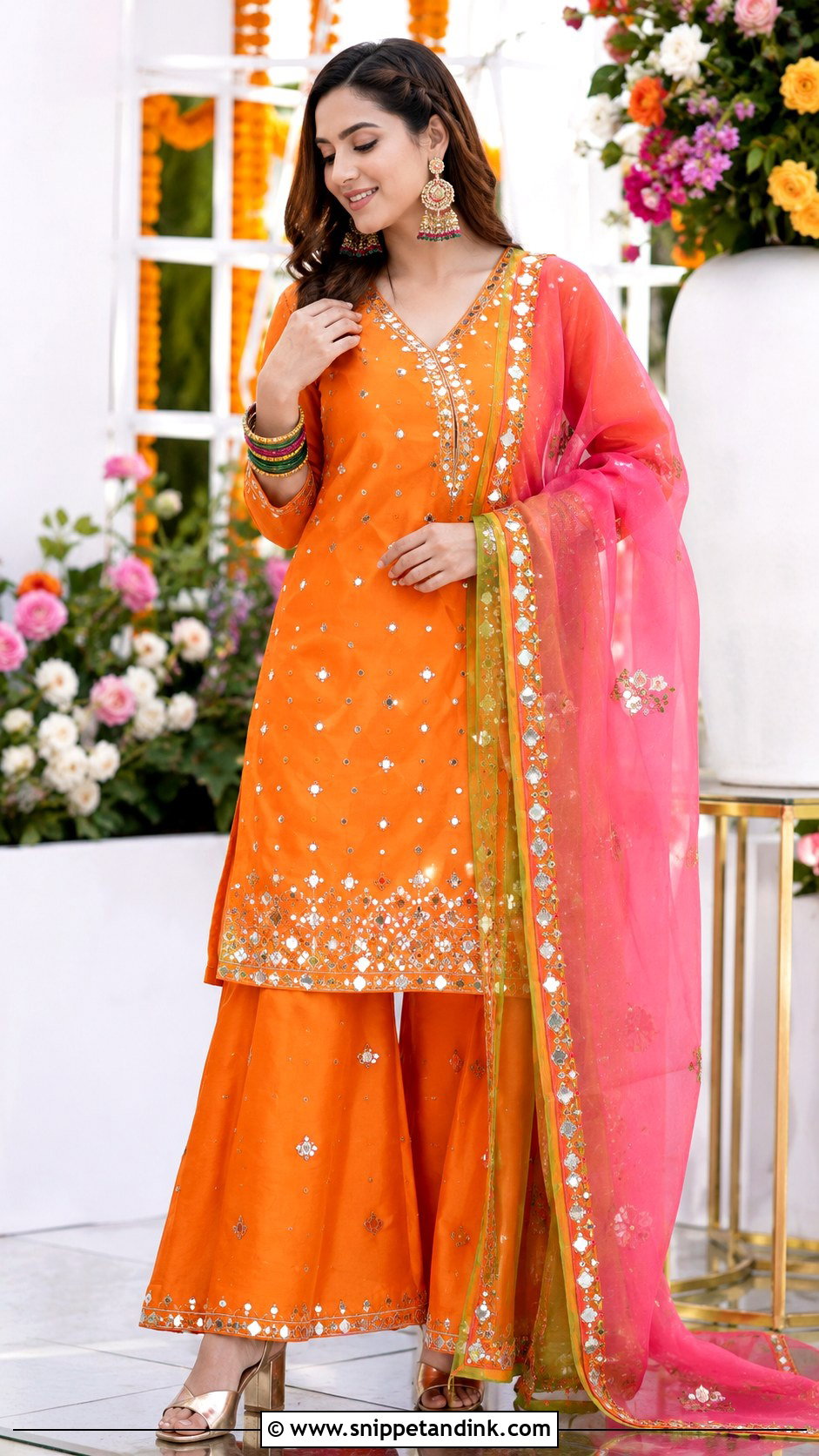 Orange Kurta Palazzo Pakistani Mehndi Dress - Snippet and Ink - 20 Pakistani Cousin Wedding Dress Ideas