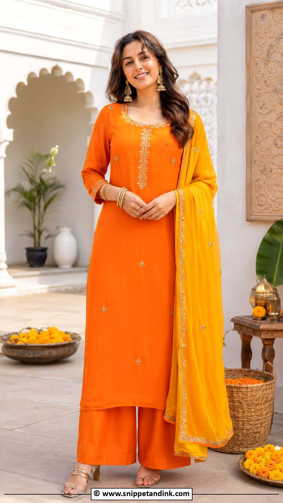 Orange Kurta Set For Haldi - Snippet and Ink - 25 Haldi Mehndi Outfit Ideas