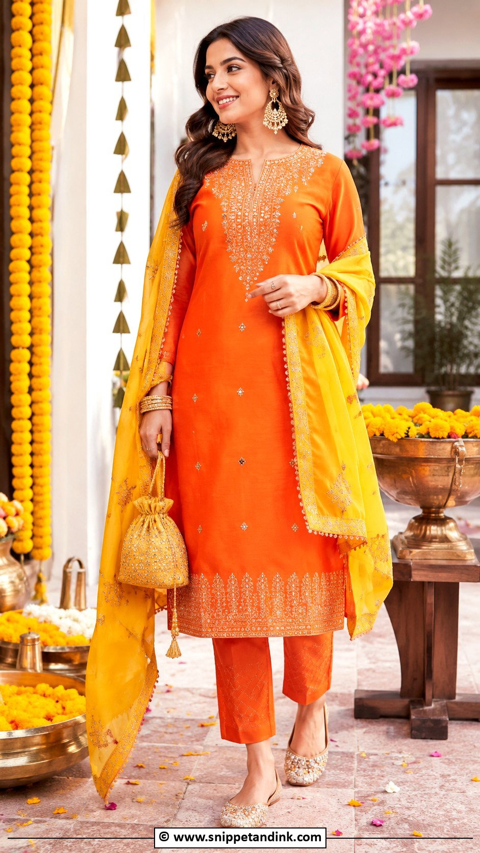 Orange Kurta Set For Haldi - Snippet and Ink - 30 Simple Haldi Dress Ideas