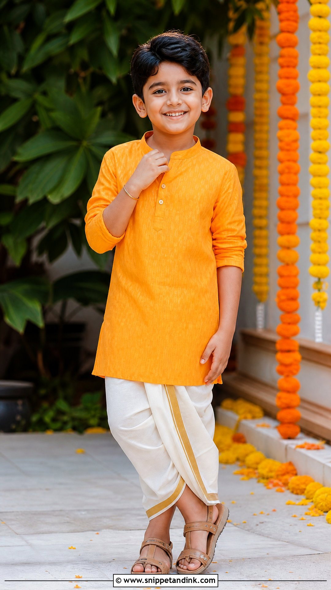 Orange Kurta With Cream Dhoti Haldi Outfit - Snippet and Ink - 20 Boys Haldi Outfit Ideas
