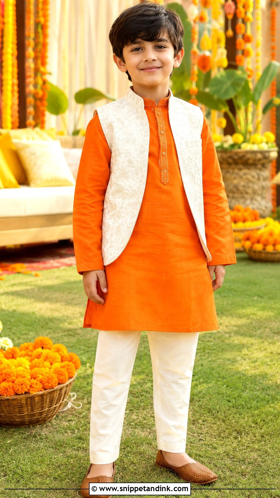 Orange Kurta With Cream Pajama For Boys - Snippet and Ink - 25 Mehndi Dress for Boys Ideas