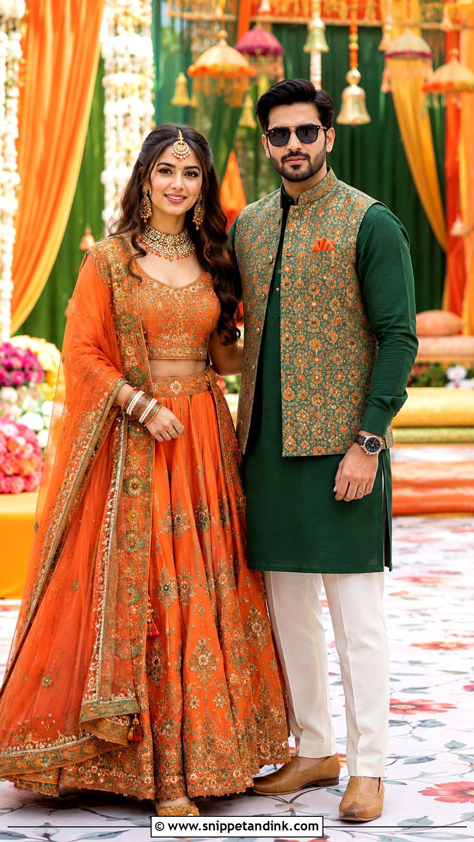 Orange Lehenga And Green Kurta Couple Outfit - Snippet and Ink - 20 Couple Matching Indian Outfits