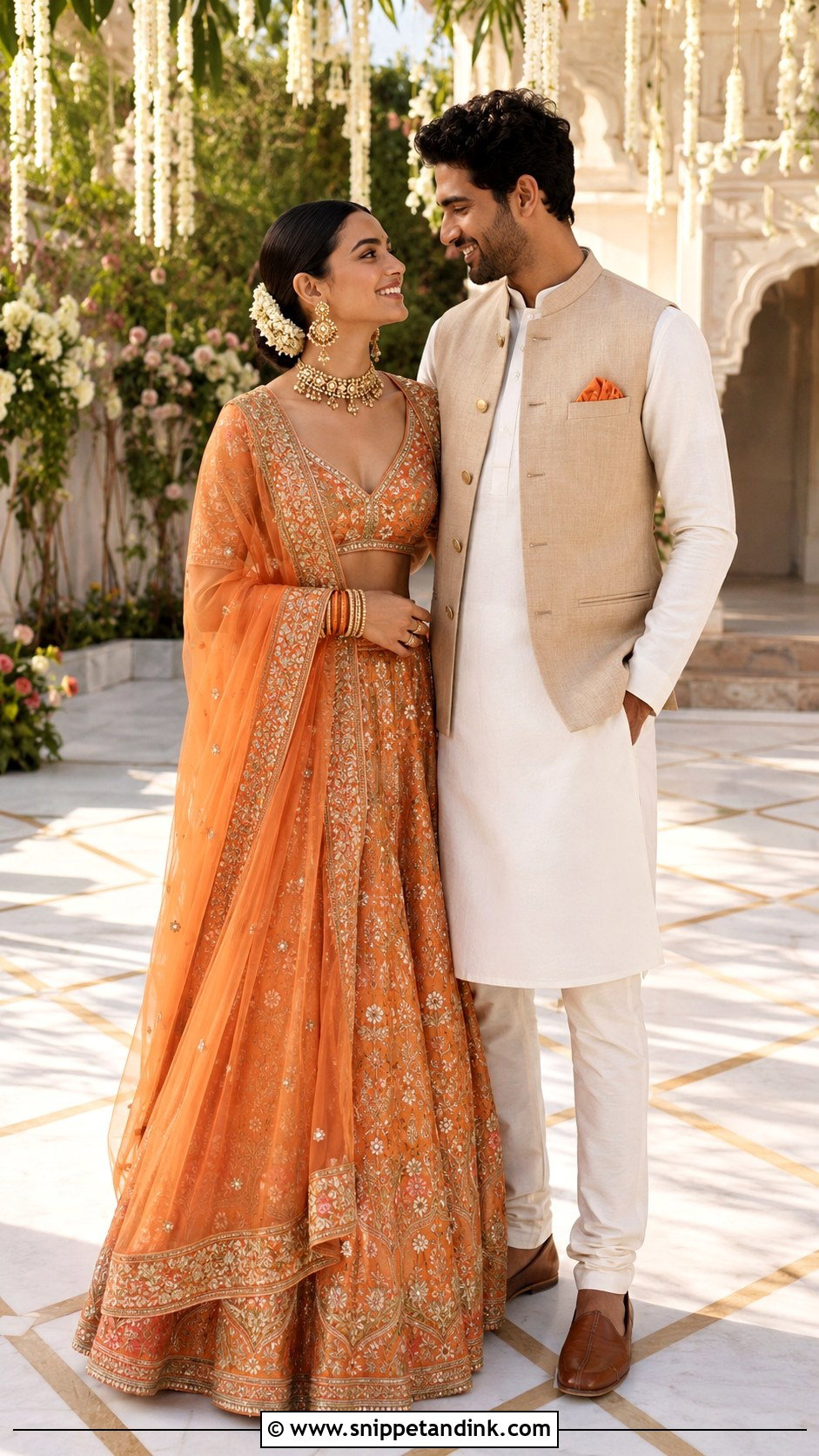 Orange Lehenga And Ivory Kurta With Nehru Jacket Wedding Outfit - Snippet and Ink - 25 Couple Contrast Outfits for Wedding