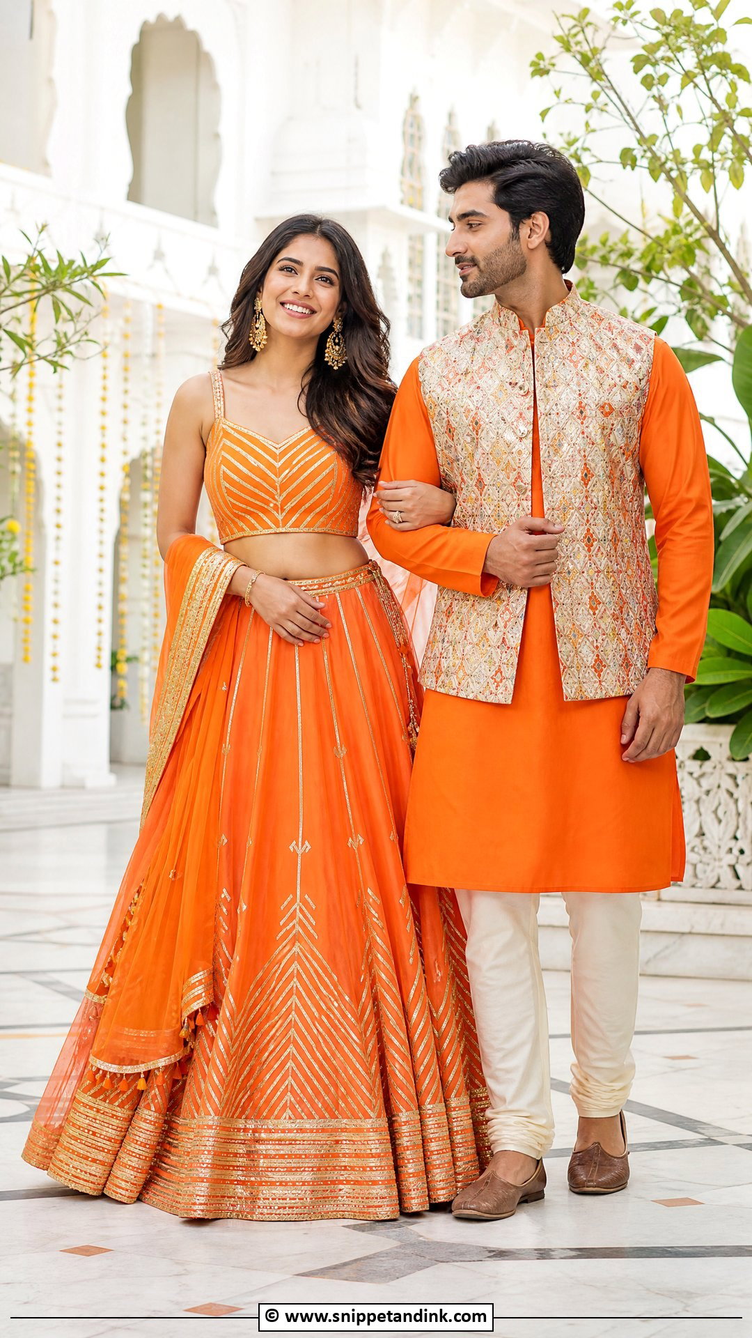 Orange Lehenga And Orange Kurta - Snippet and Ink - 35 Indian Couple Matching Dress Ideas