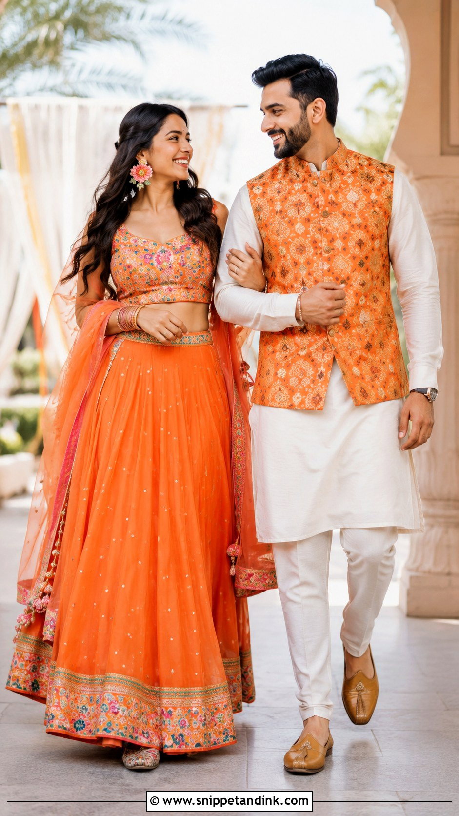 Orange Lehenga And Printed Kurta Indian Wedding Outfit - Snippet and Ink - 20 Indian Wedding Matching Outfits