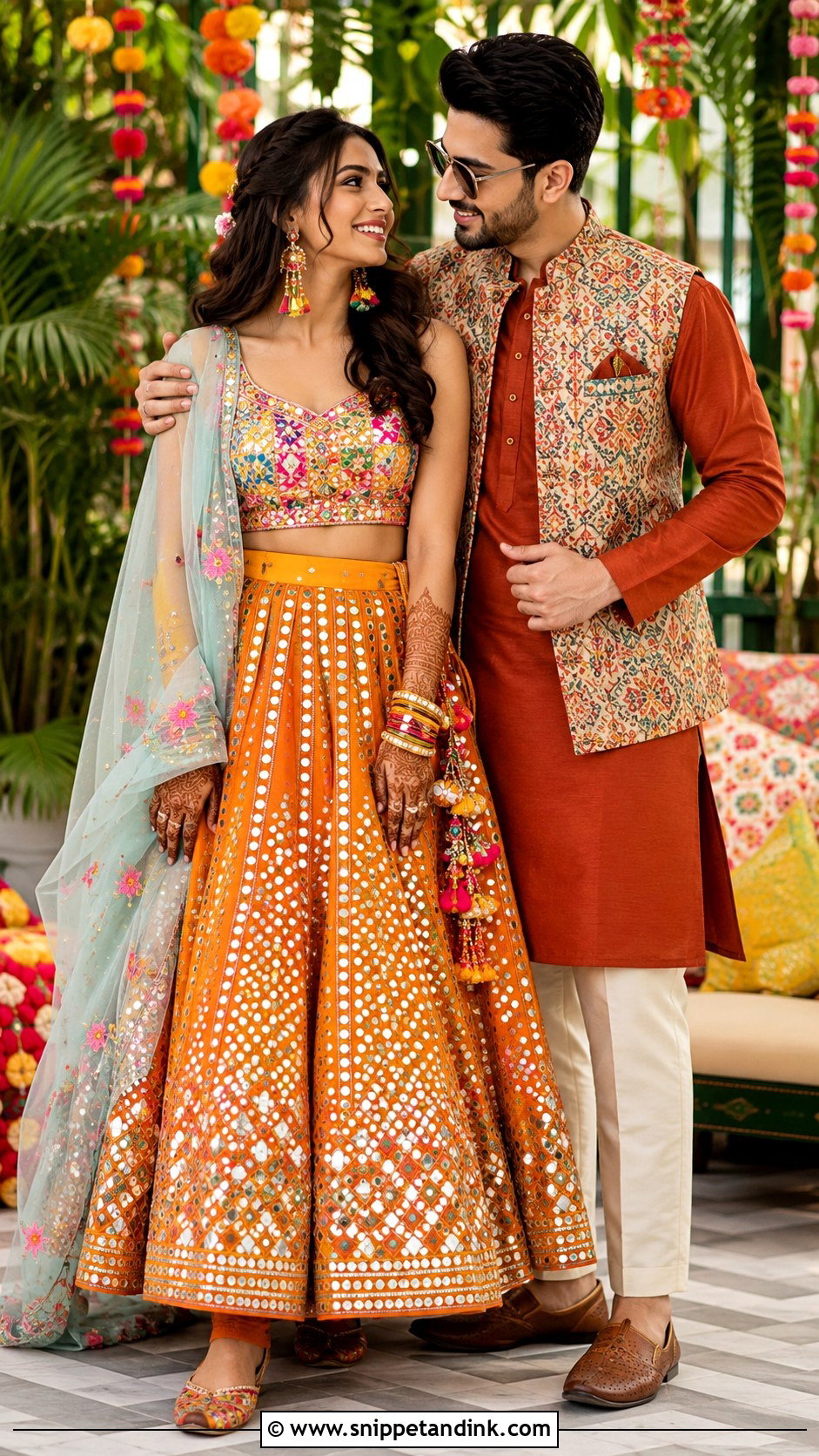 Orange Lehenga And Rust Kurta Set - Snippet and Ink - 20 Couple Matching Outfits Indian Wedding