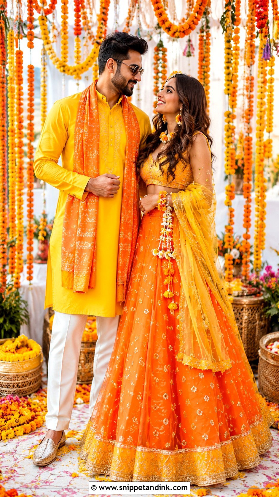 Orange Lehenga And Yellow Kurta Haldi Couple Outfit - Snippet and Ink - 25 Haldi Couple Outfits