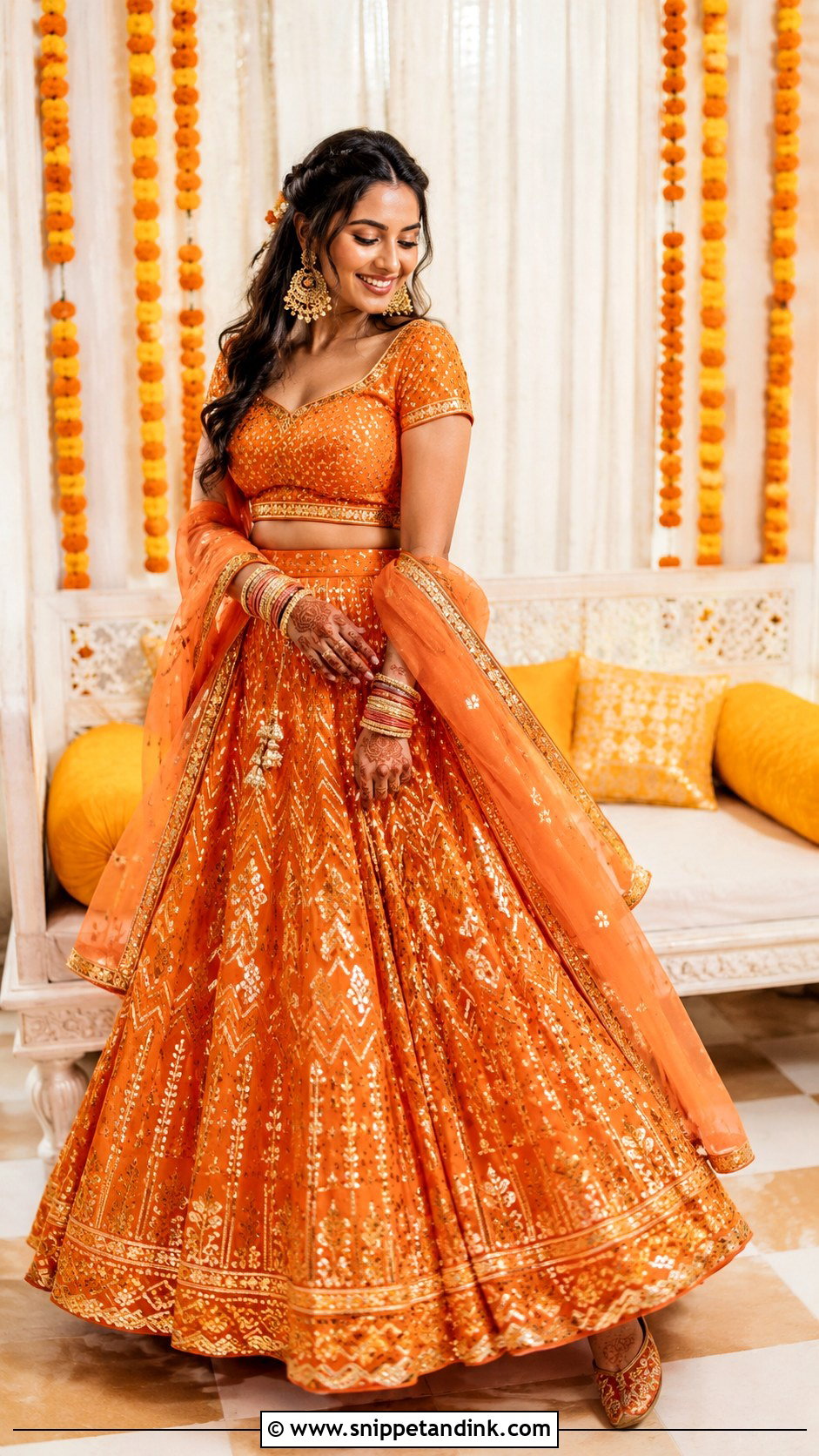 Orange Lehenga Bangle Ceremony Outfit - Snippet and Ink - 25 Bangle Ceremony Outfit for Bride Ideas