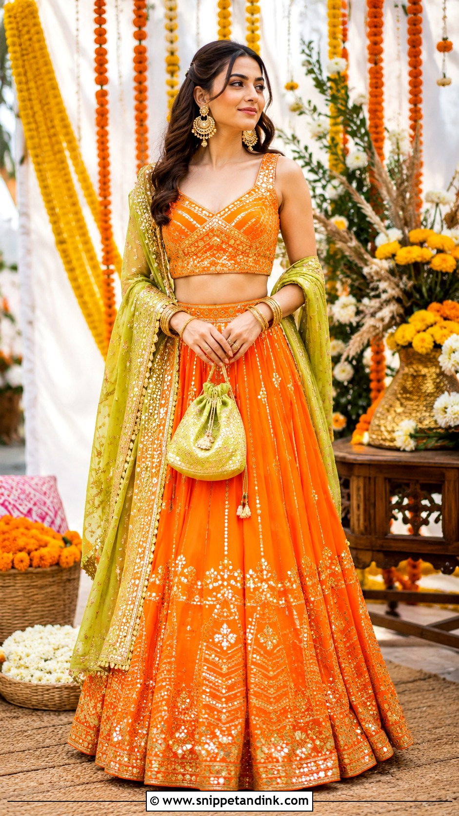 Orange Lehenga Choli For Mehndi Ceremony - Snippet and Ink - 25 Mehndi Ceremony Outfit Ideas