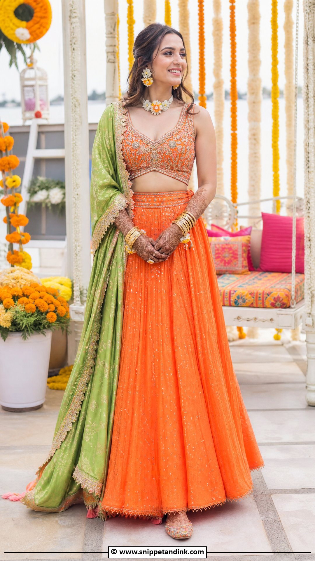 Orange Lehenga Mehendi Outfit - Snippet and Ink - 35 Mehendi Outfits for Bride