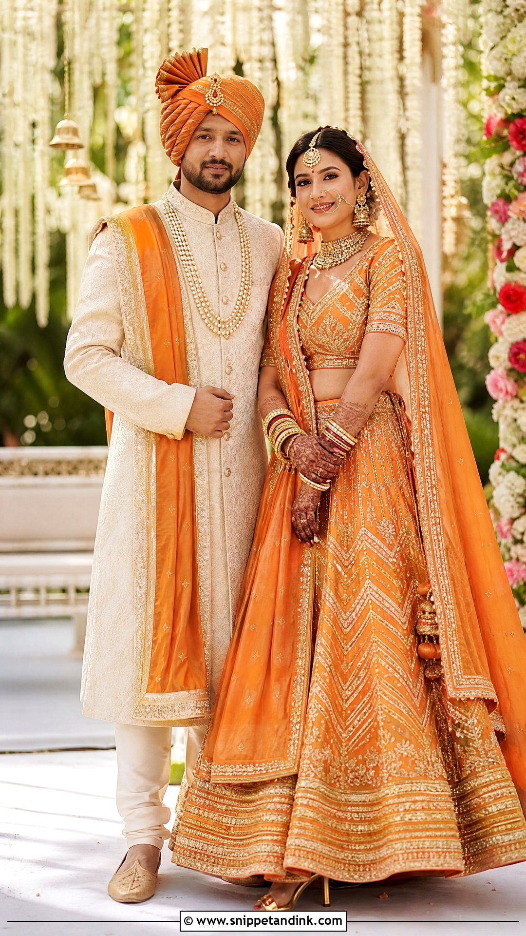 Orange Lehenga With Cream Sherwani - Snippet and Ink - 25 Indian Hindu Couple Wedding Dress Ideas