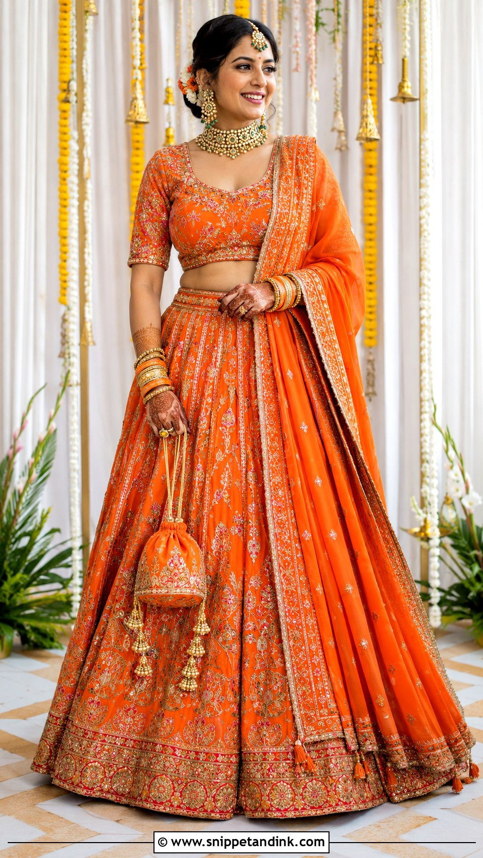 Orange Lehenga With Pleated Bridal Dupatta - Snippet and Ink - 20 Bridal Dupatta Style Ideas