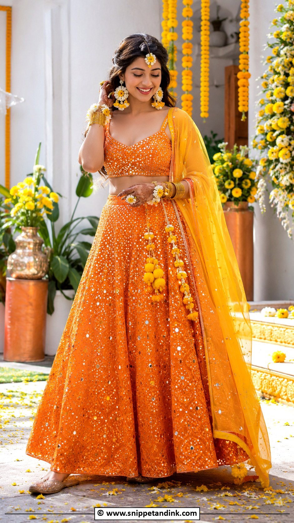 Orange Lehenga for Haldi - Snippet and Ink - 30 Haldi Dress Ideas for Sisters