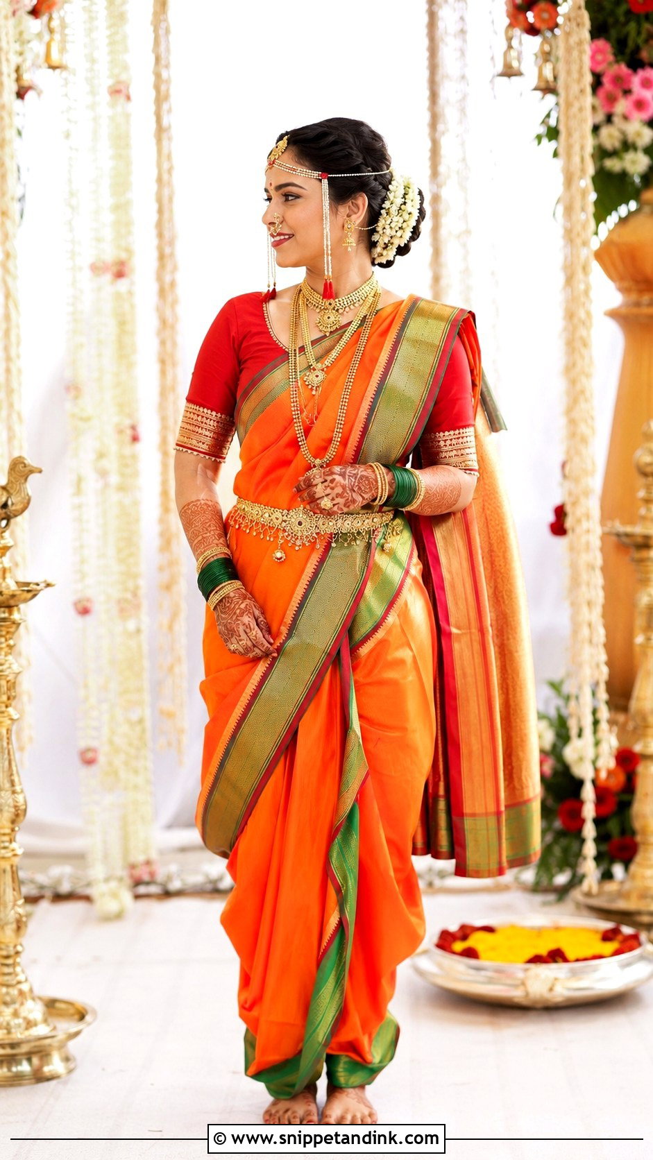 Orange Marathi Bride Nauvari Saree - Snippet and Ink - 30 Marathi Bride Look Ideas