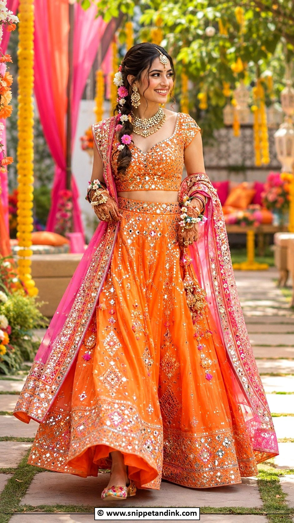 Orange Mehendi Bridal Lehenga - Snippet and Ink - 30 Mehendi Bridal Outfit Ideas
