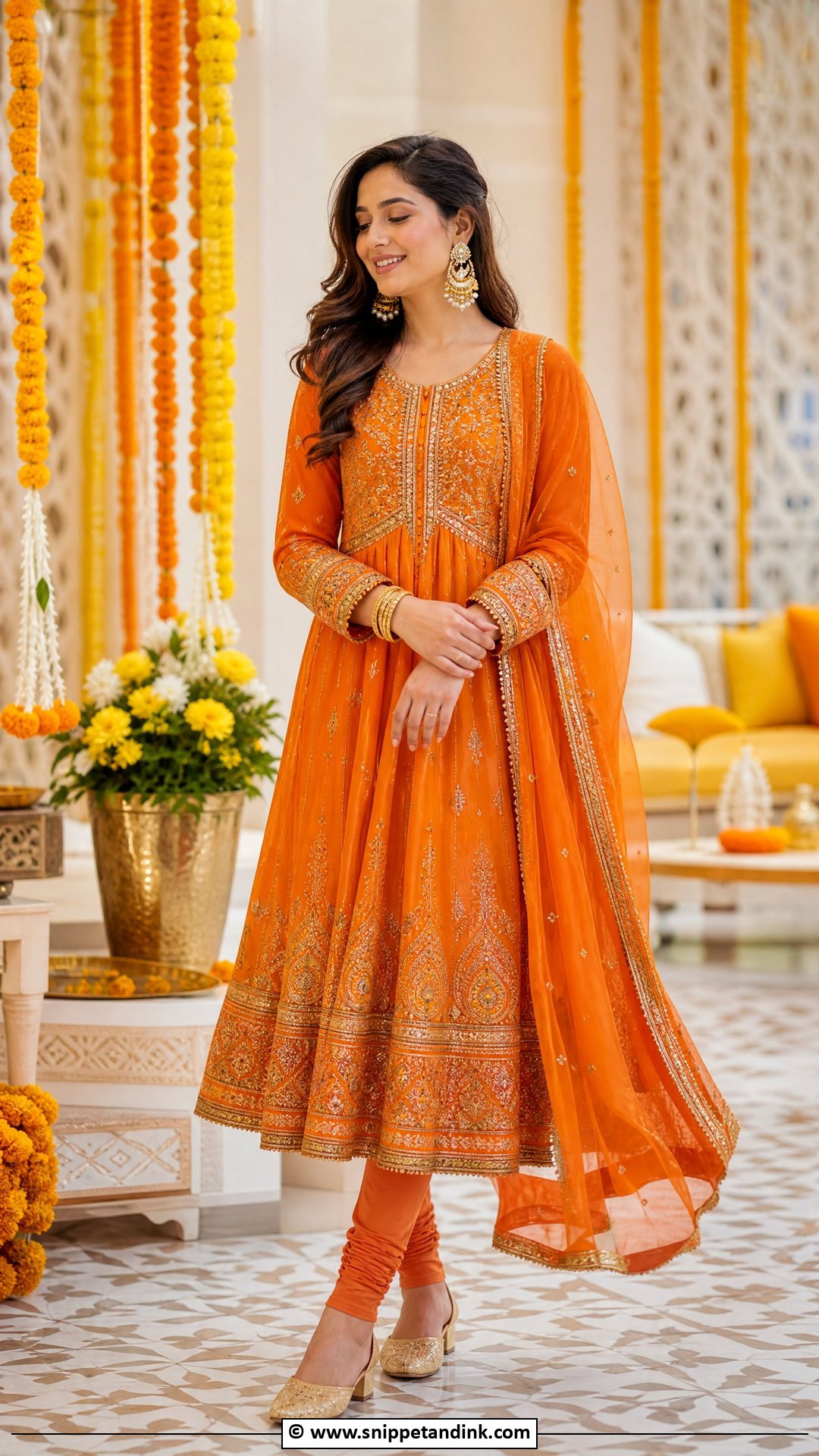 Orange Mehndi Anarkali With Churidar - Snippet and Ink - 35 Mehndi Dresses