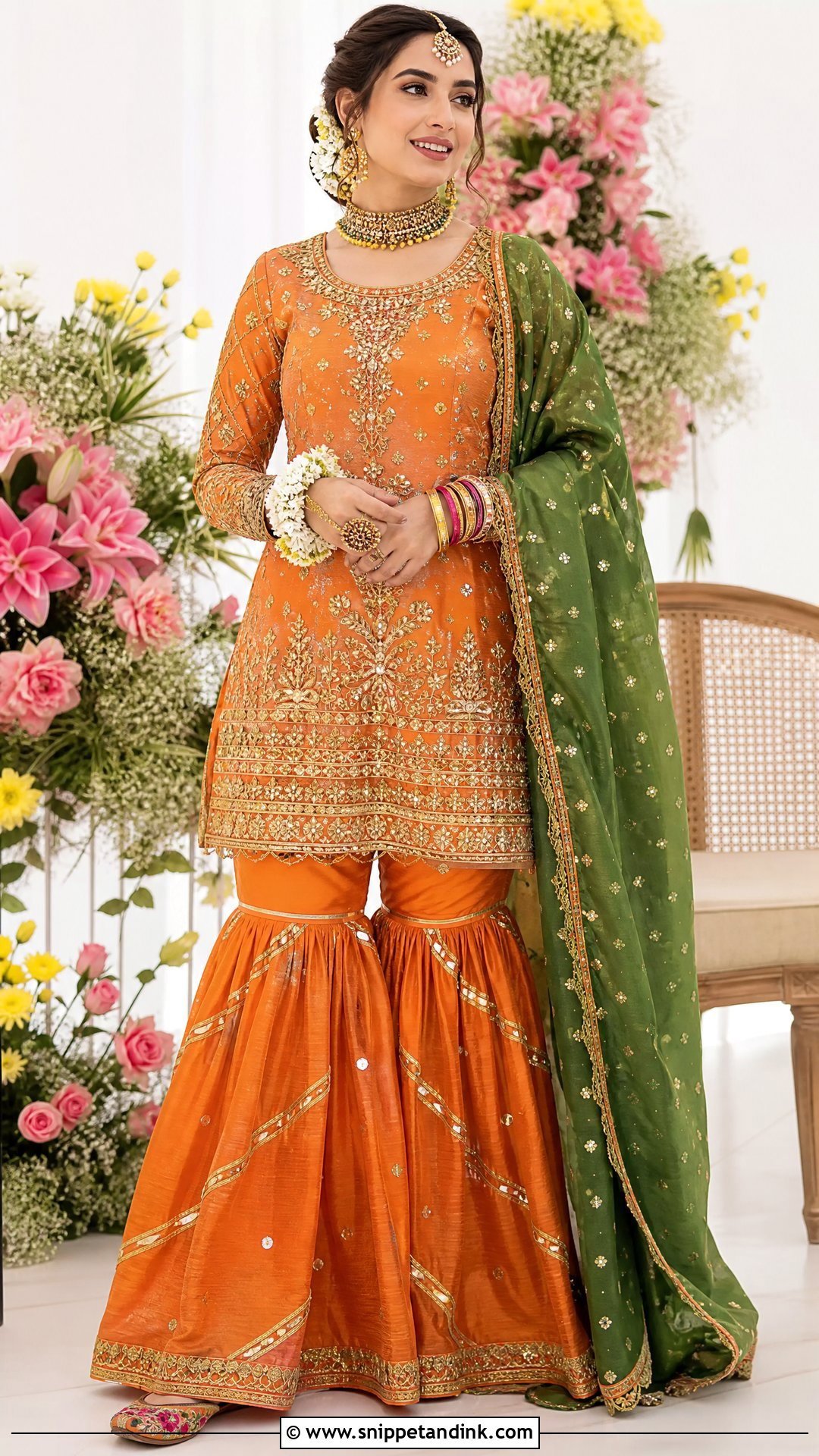 Orange Mehndi Bridal Gharara - Snippet and Ink - 20 Pakistani Mehndi Bridal Wear Ideas