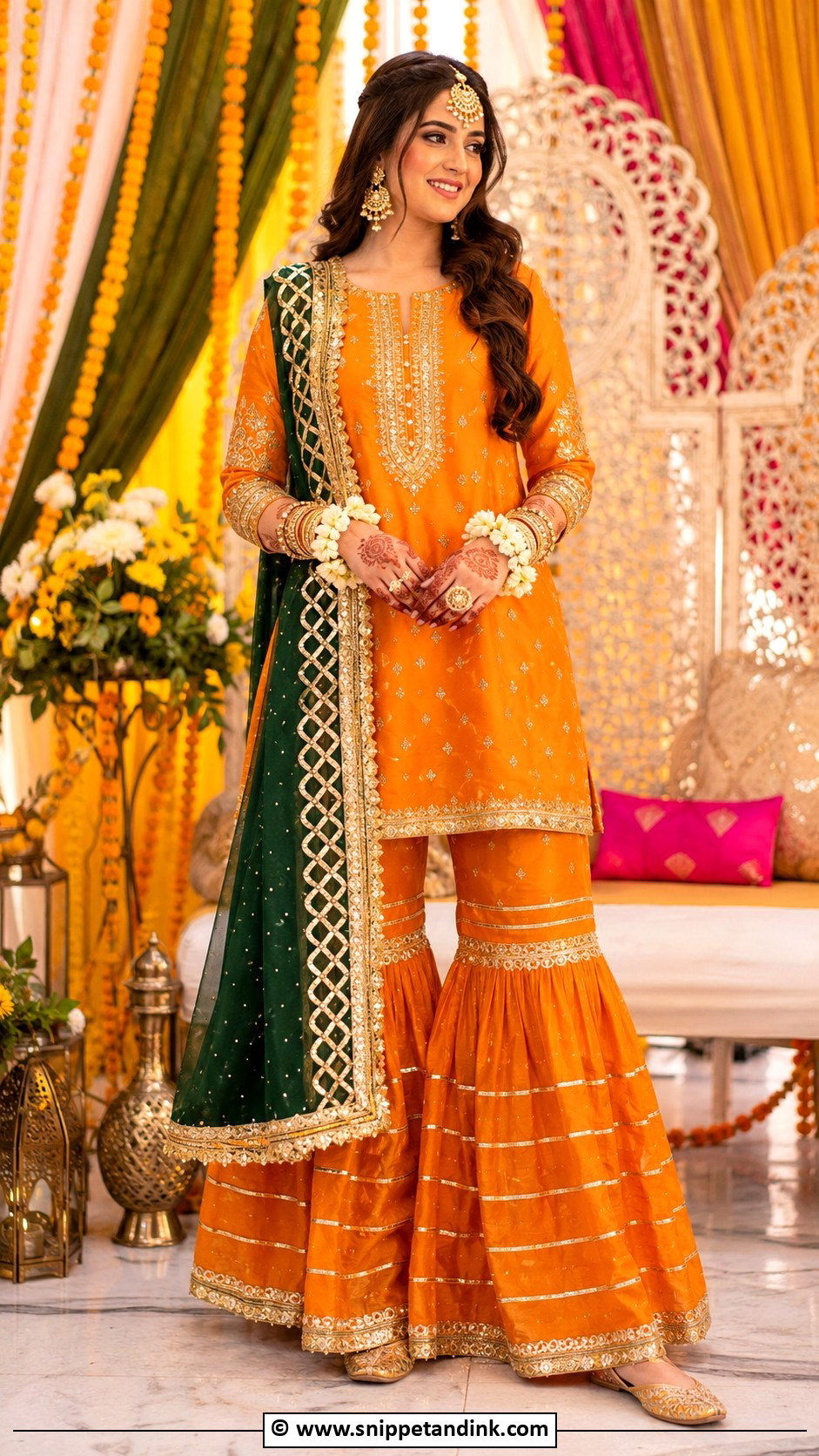 Orange Mehndi Gharara Dress - Snippet and Ink - 30 Pakistani Mehndi Dress Ideas
