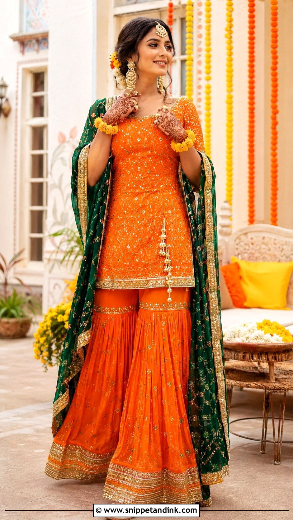 Orange Mehndi Gharara Outfit - Snippet and Ink - 30 Mehndi Outfit for Bride Ideas