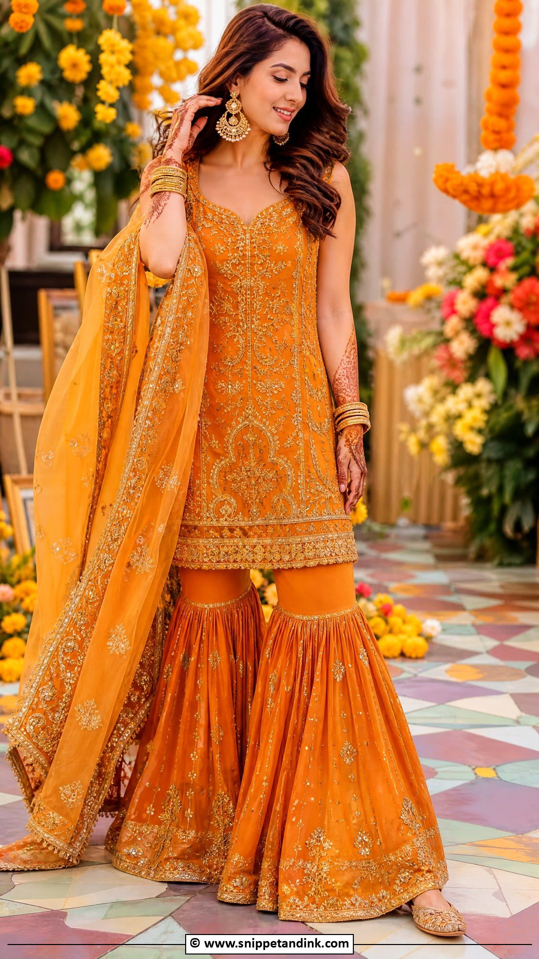 Orange Mehndi Gharara Outfit - Snippet and Ink - 35 Mehndi Outfit Ideas