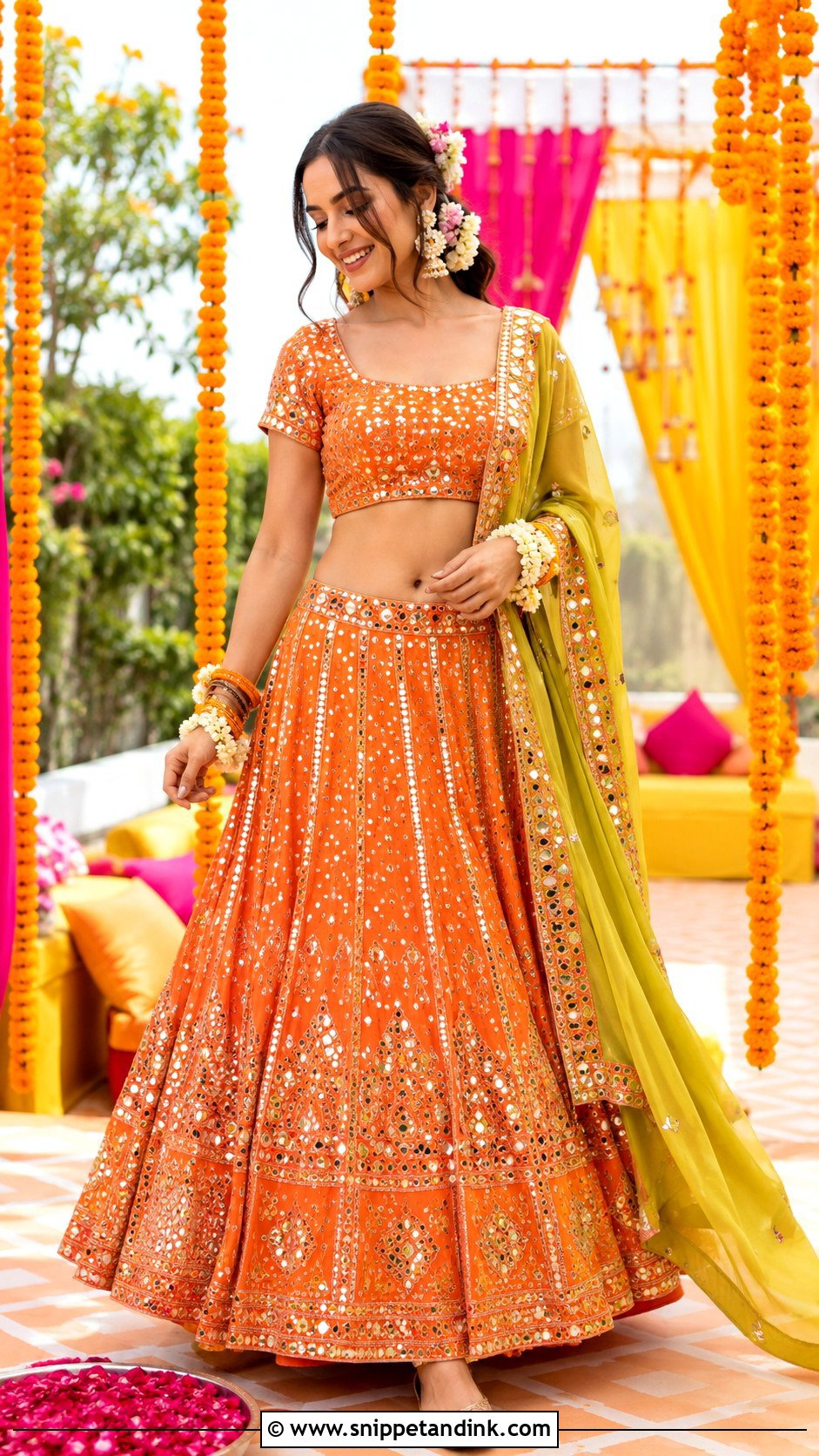 Orange Mehndi Lehenga With Mirror Work - Snippet and Ink - 30 Pakistani Wedding Dresses