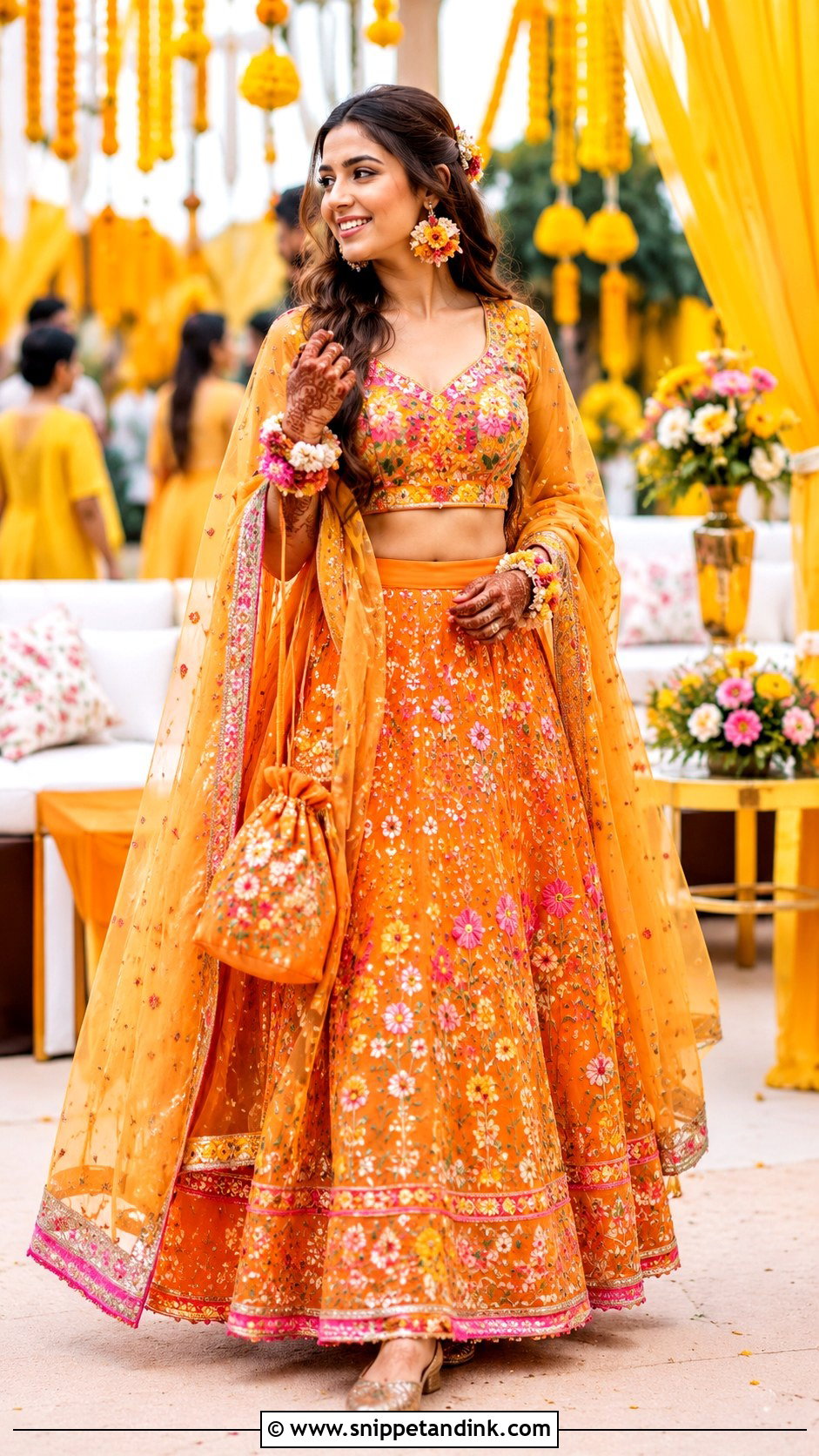 Orange Mehndi Outfit With Floral Bangle Set - Snippet and Ink - 20 Bridal Bengal Set Ideas