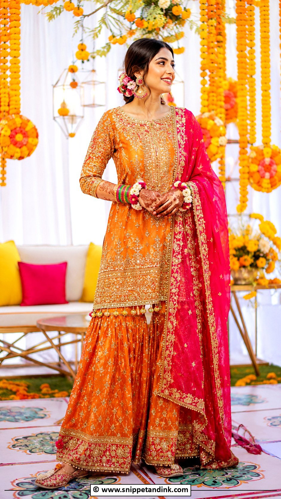 Orange Mehndi Pakistani Bridal Sharara - Snippet and Ink - 35 Pakistani Bridal Wear Ideas