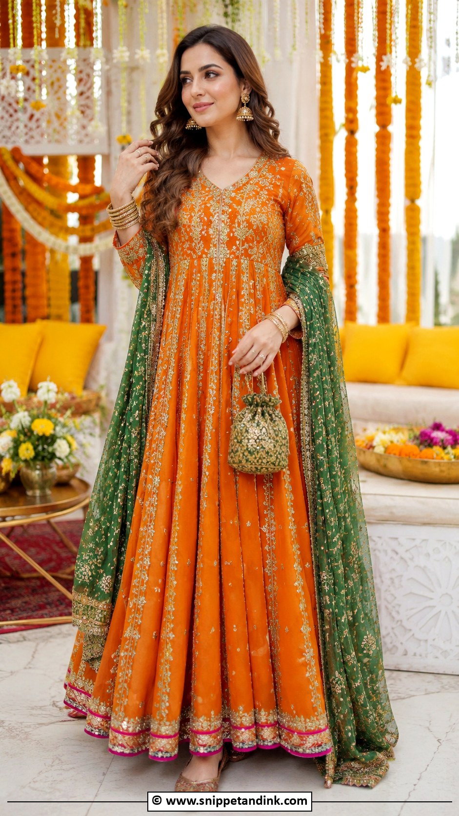 Orange Mehndi Pishwas Dress - Snippet and Ink - 30 Pakistani Mehndi Dresses