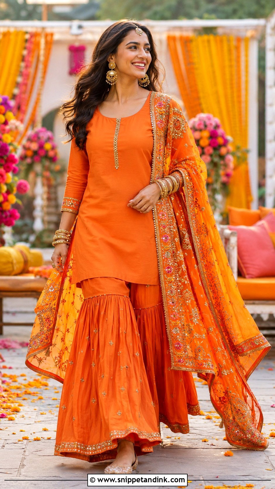 Orange Mehndi Sharara With Embroidered Dupatta - Snippet and Ink - 25 Mehndi Sharara Outfit Ideas