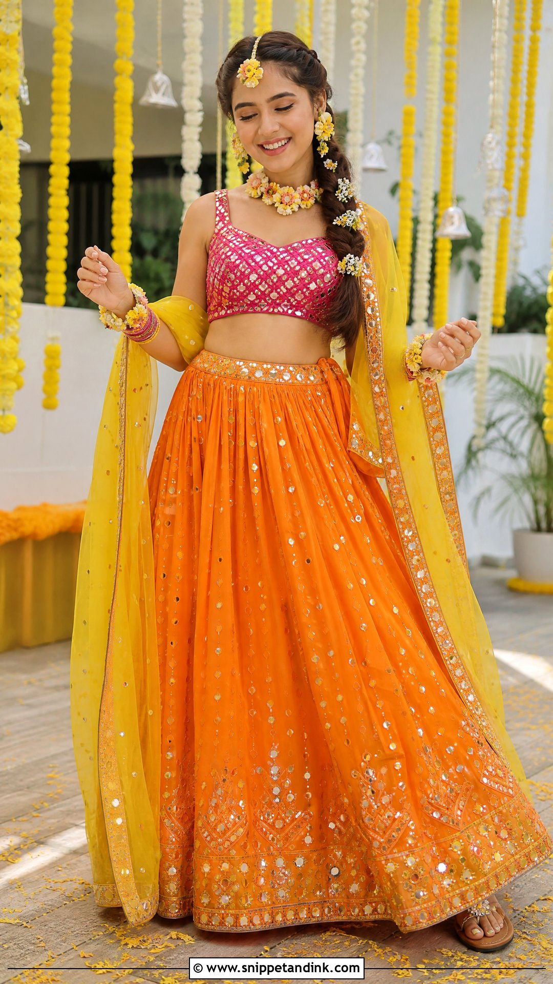 Orange Mirror Work Haldi Lehenga - Snippet and Ink - 20 Lenghas for Wedding Ideas