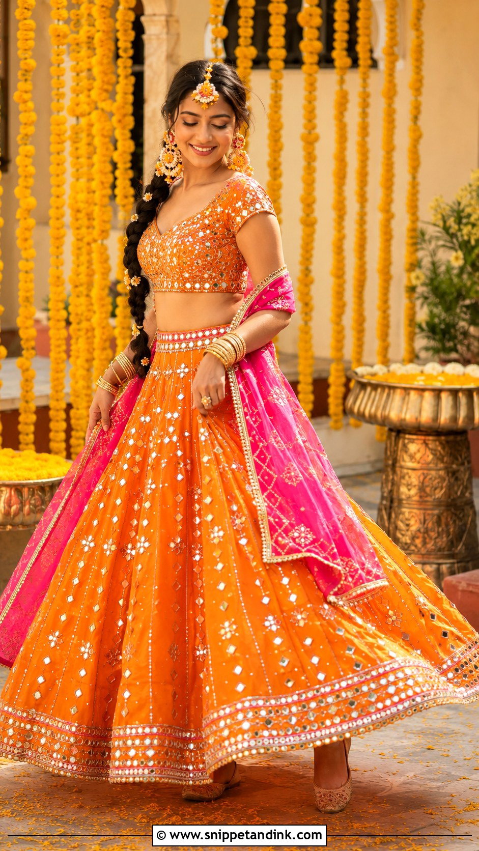 Orange Mirror Work Lehenga Haldi Bride Outfit - Snippet and Ink - 20 Haldi Mehndi Outfit for Bride Ideas